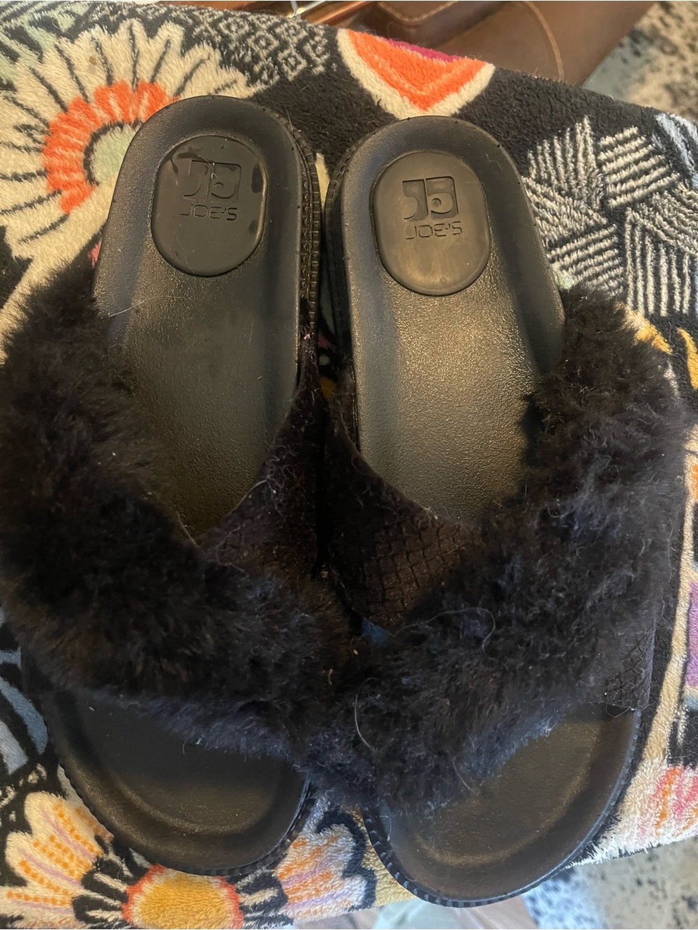 Joe's Jeans Black Fuzzy Slide Sandals with Plush Strap